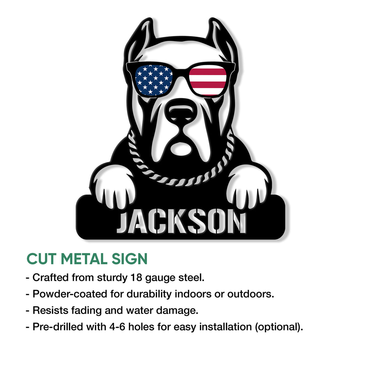 Cane Corso metal sign feature graphic showing the cut-steel design and installation options