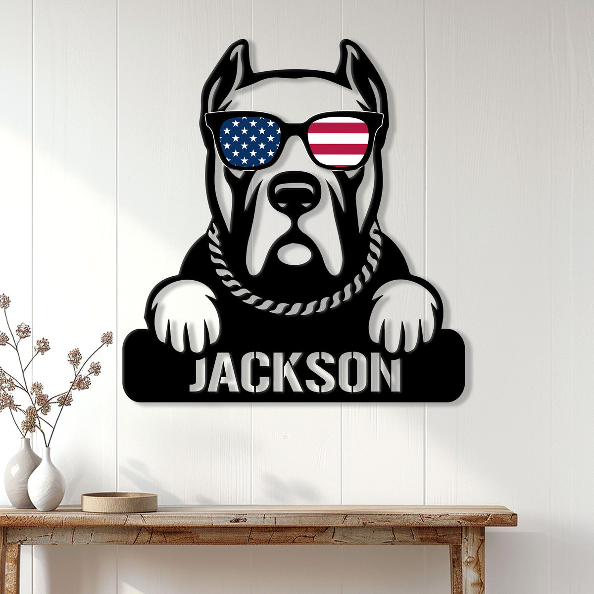 Cane Corso wall sign displayed above a console table in a bright modern home