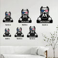 Cane Corso metal sign size guide showing six available square sizes in a living room setting