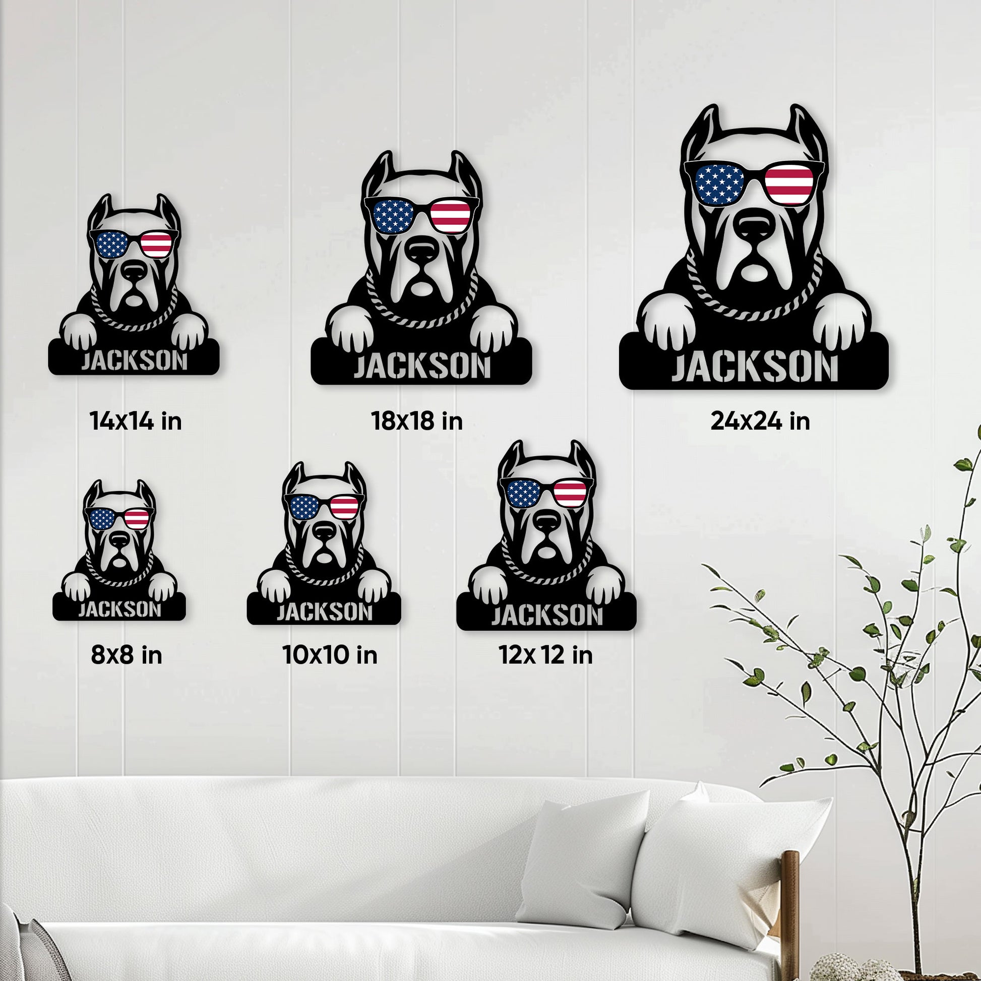 Cane Corso metal sign size guide showing six available square sizes in a living room setting