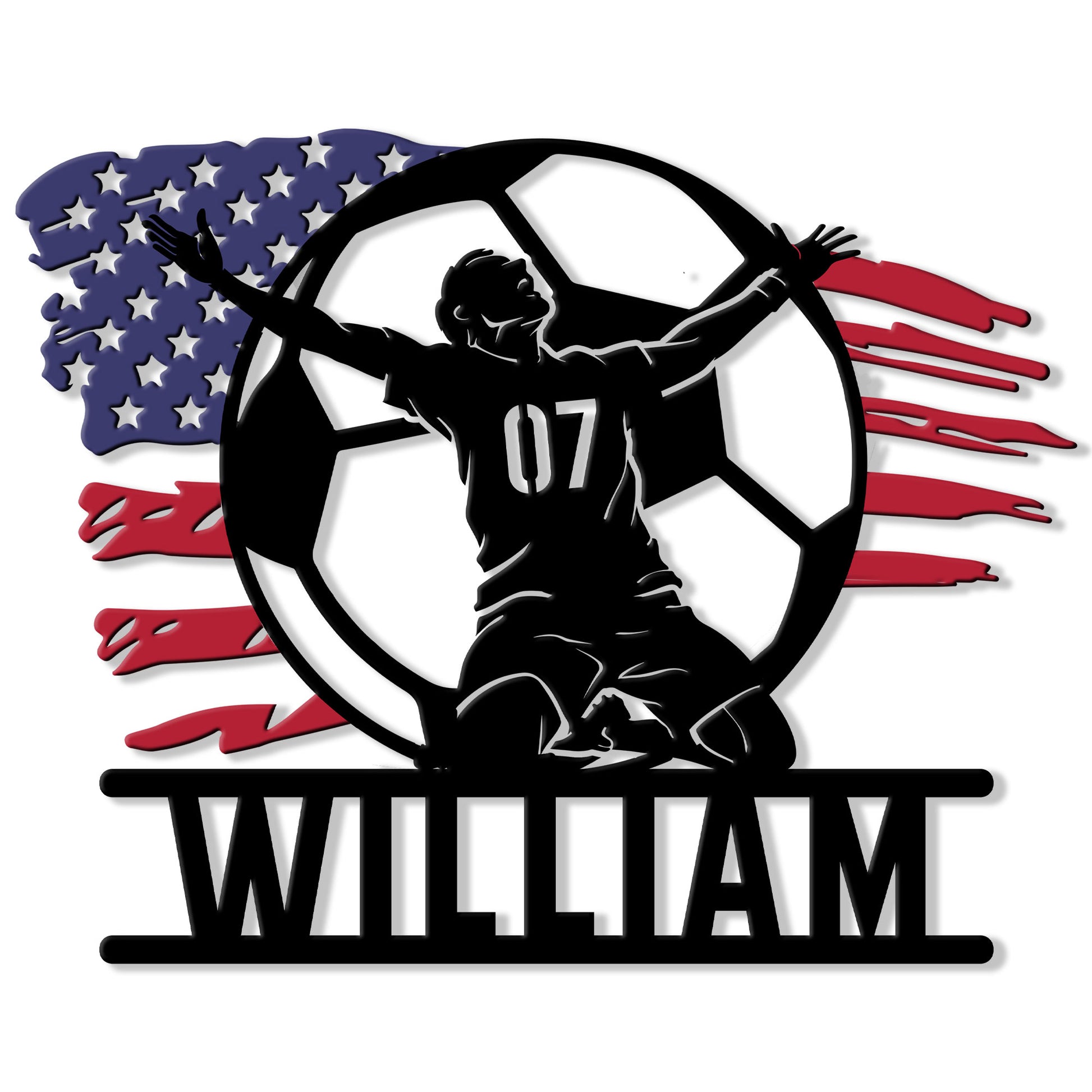 Patriotic soccer metal sign featuring a player holding a ball against star and stripe graphics