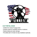 Soccer metal sign product infographic showing cut-metal construction and indoor or outdoor display features