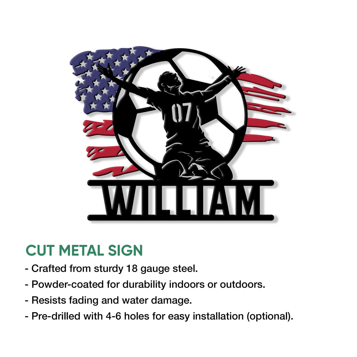 Soccer metal sign product infographic showing cut-metal construction and indoor or outdoor display features