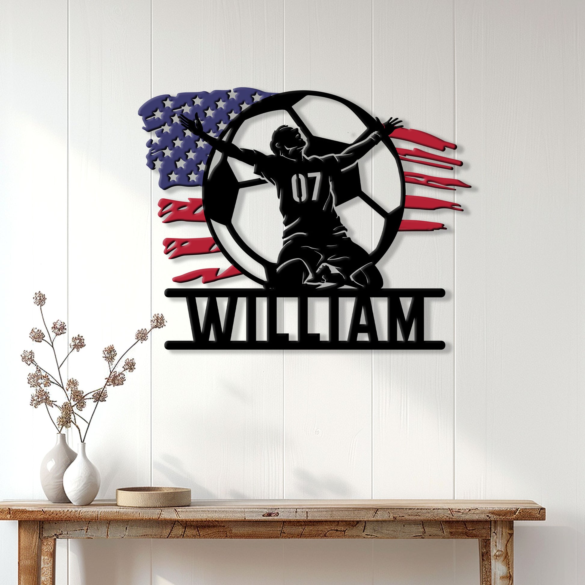 Patriotic soccer wall sign displayed above a console table in a bright home interior
