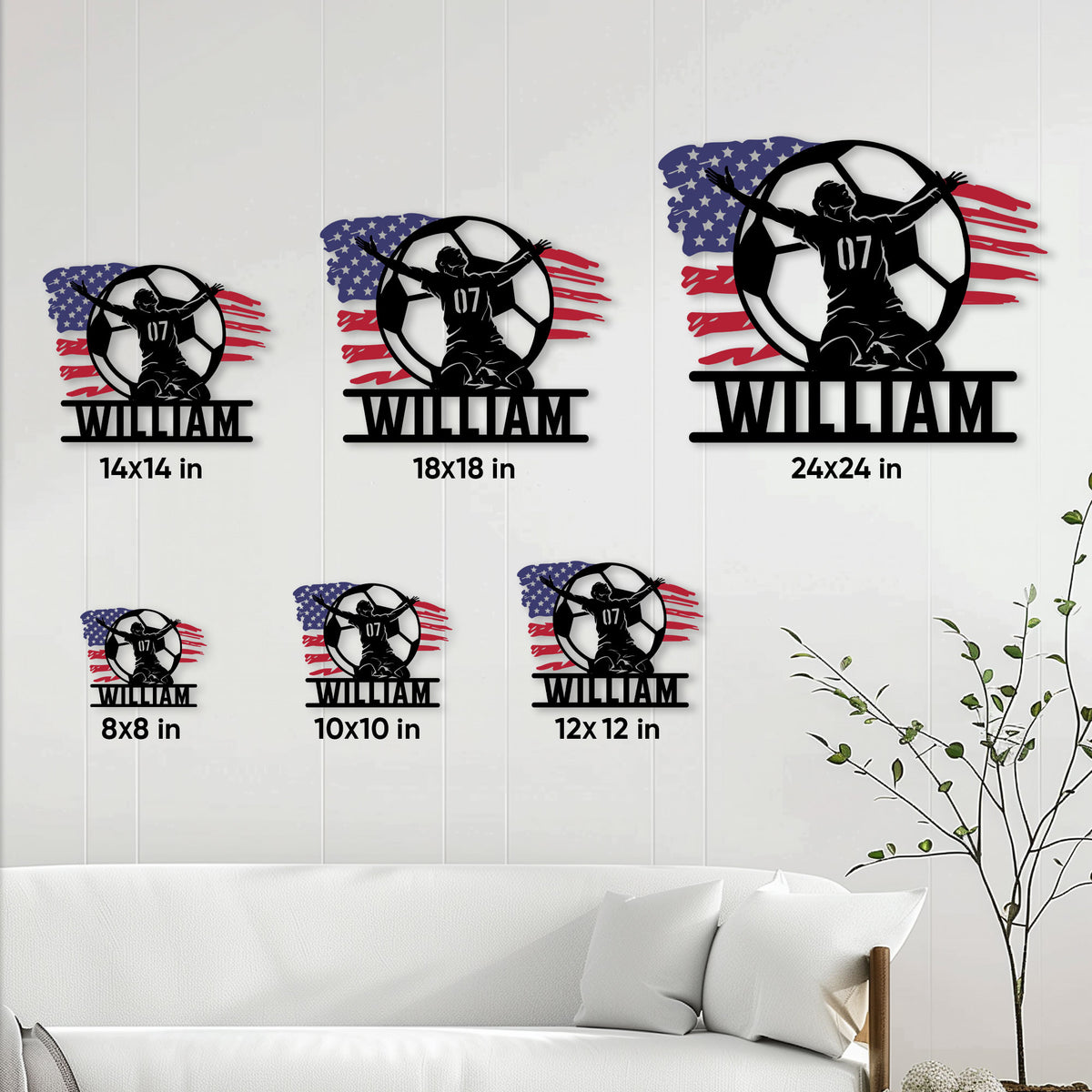 Soccer metal sign size guide showing six square size options from 8x8 to 24x24 inches