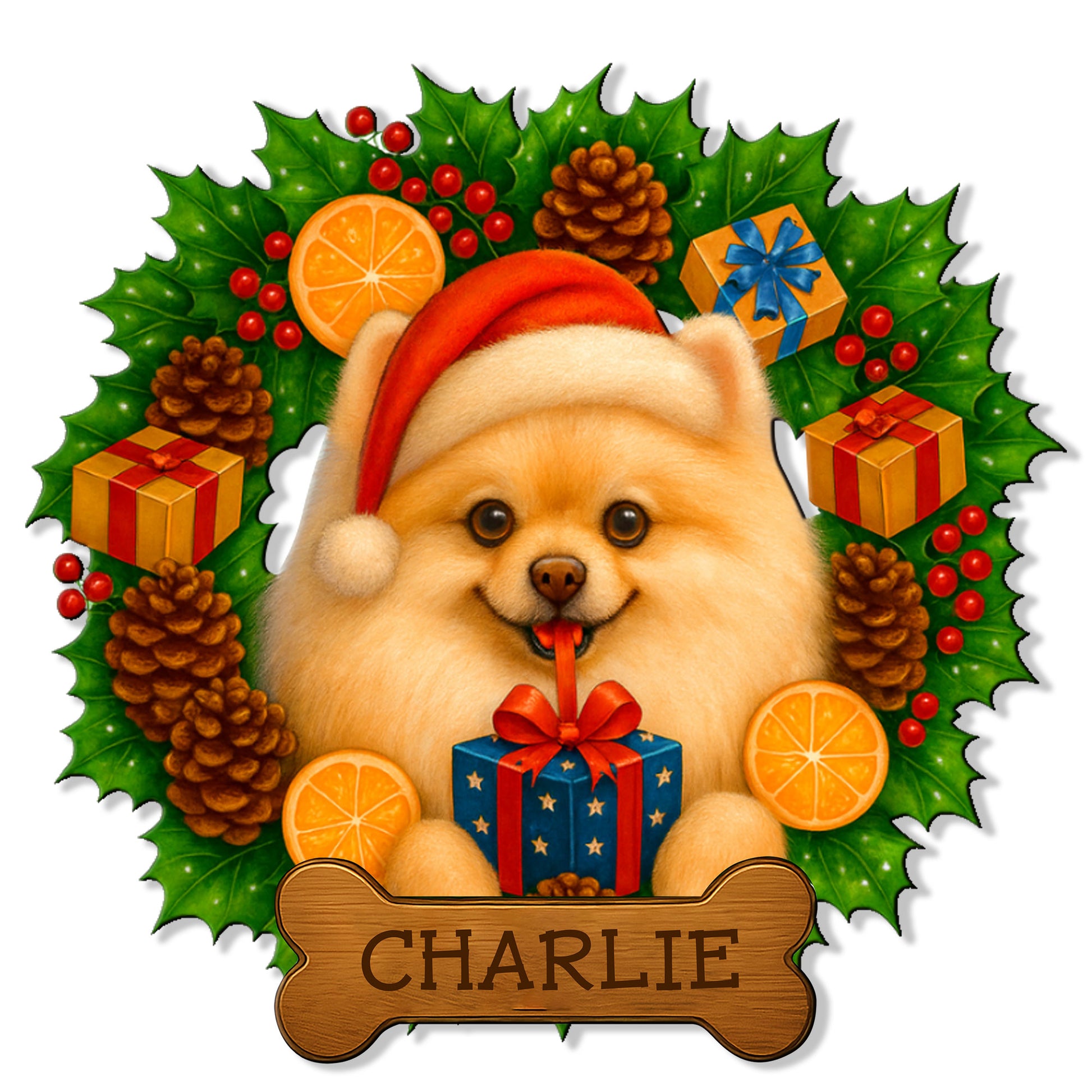 Custom Christmas Pomeranian metal sign featuring a Santa hat, wrapped gifts, holly, pinecones, and a bone-shaped accent