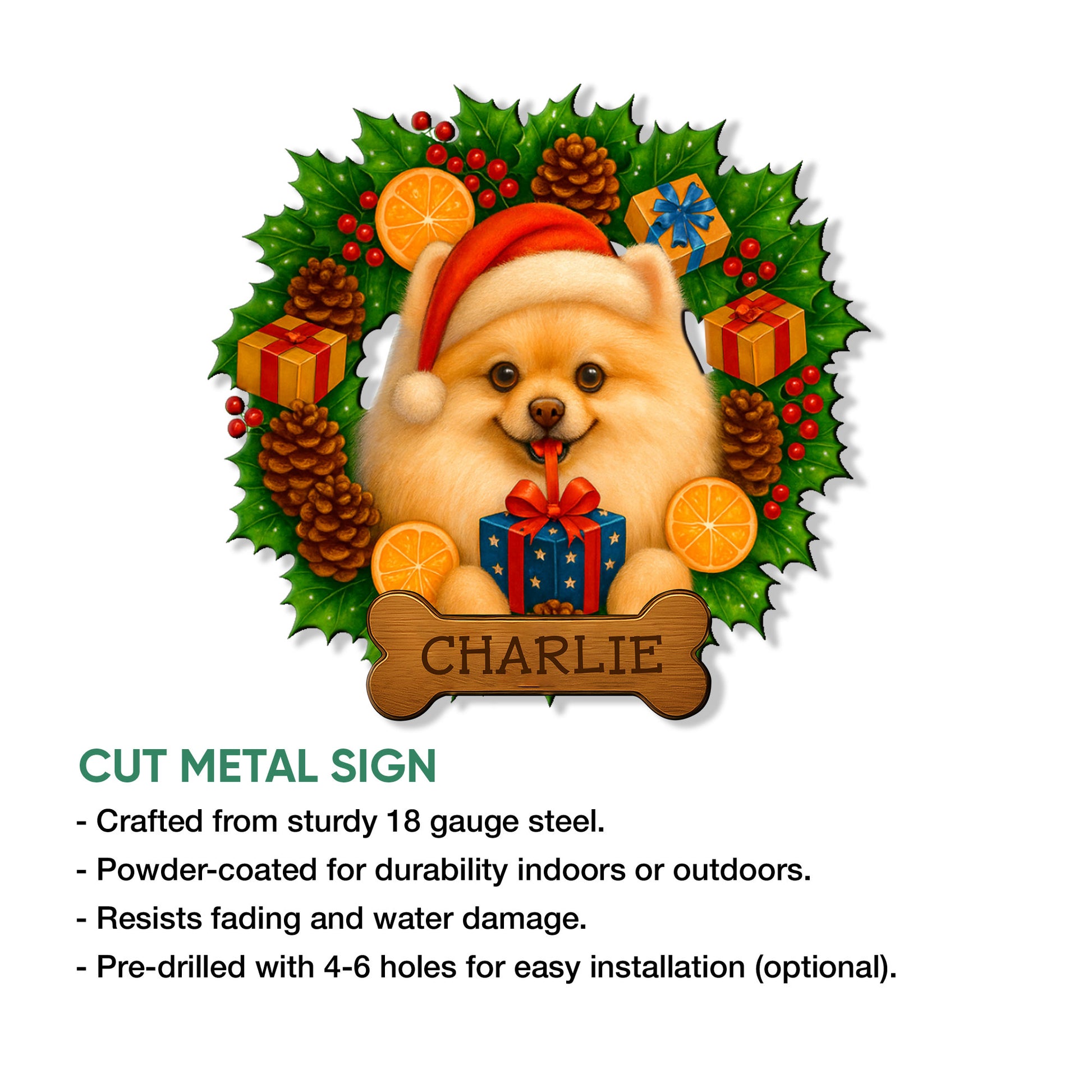 Pomeranian Christmas metal sign shown with a cutout design and product feature information