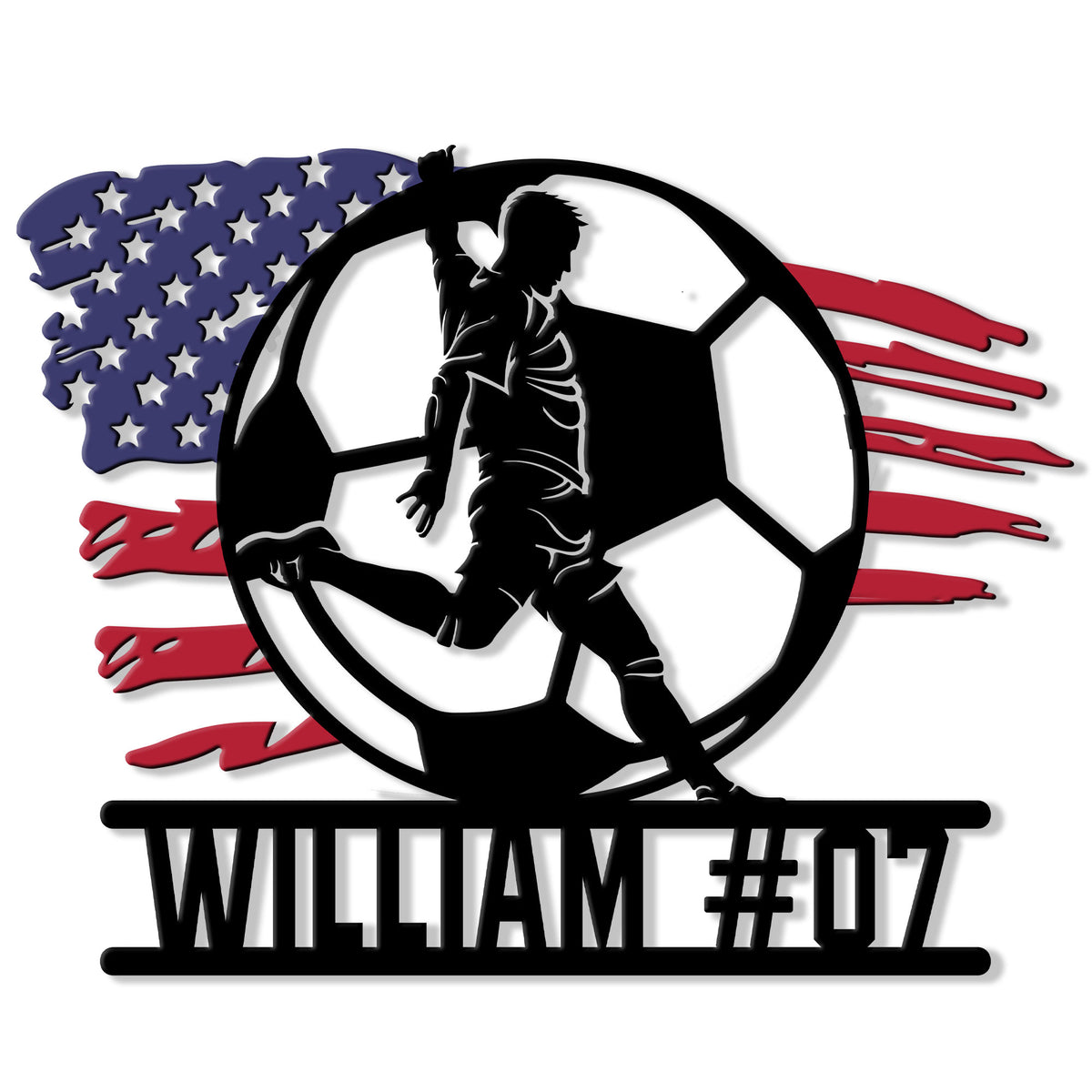 Custom soccer metal sign featuring a player silhouette inside a soccer ball with an American flag backdrop