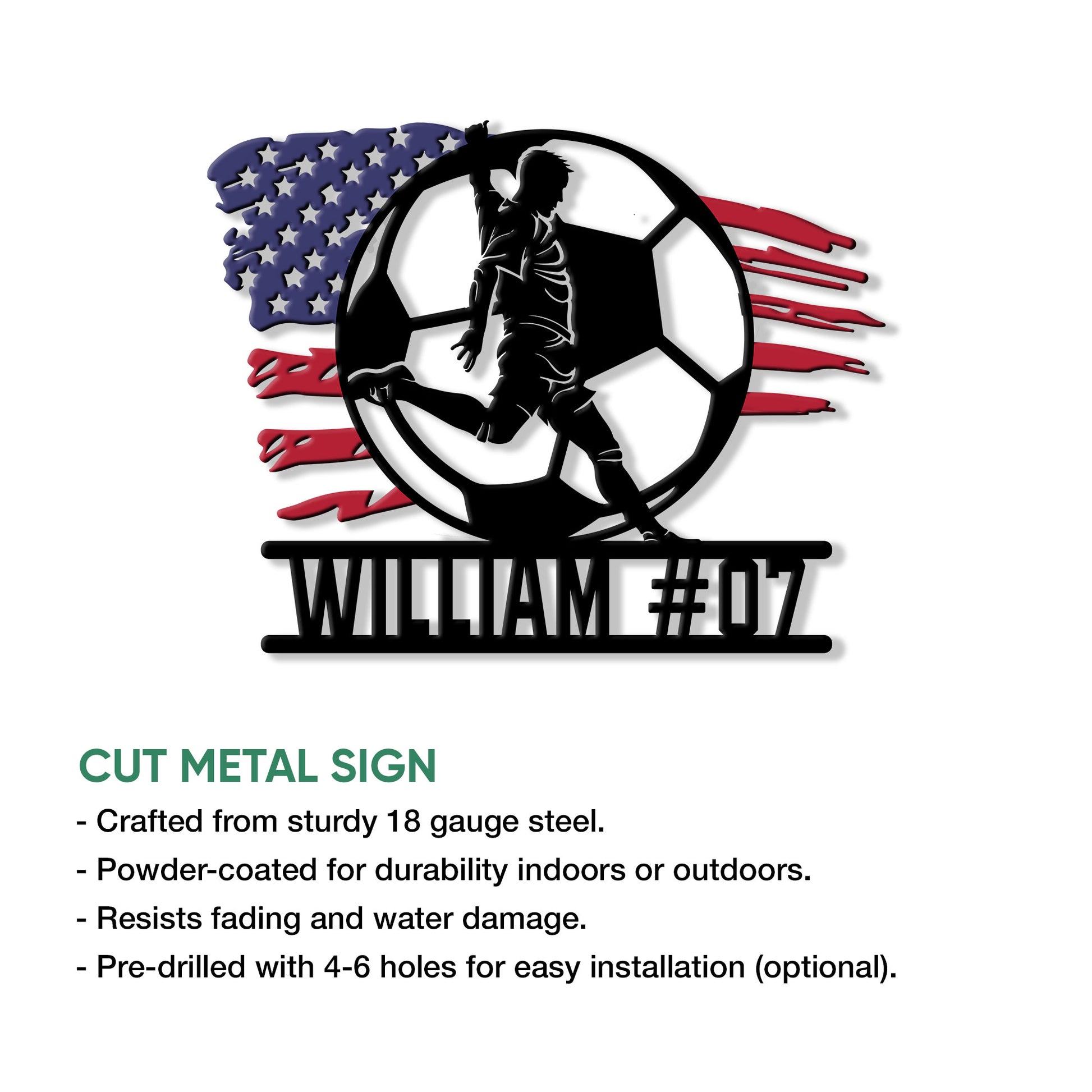 Soccer player metal sign shown with cut-metal construction and a bold patriotic flag design