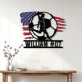 Patriotic soccer metal sign displayed as wall decor above a console table in a bright home