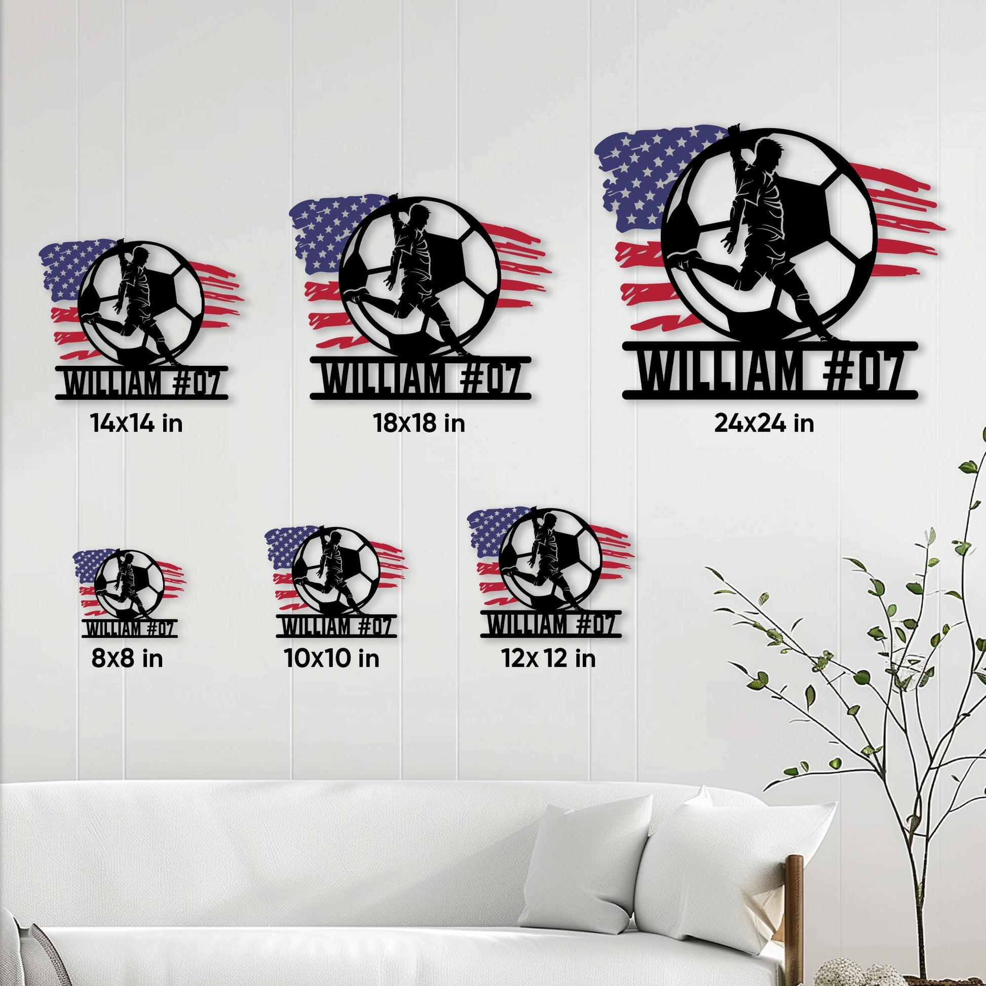 Soccer metal sign size guide showing available square sizes from 8 by 8 to 24 by 24 inches
