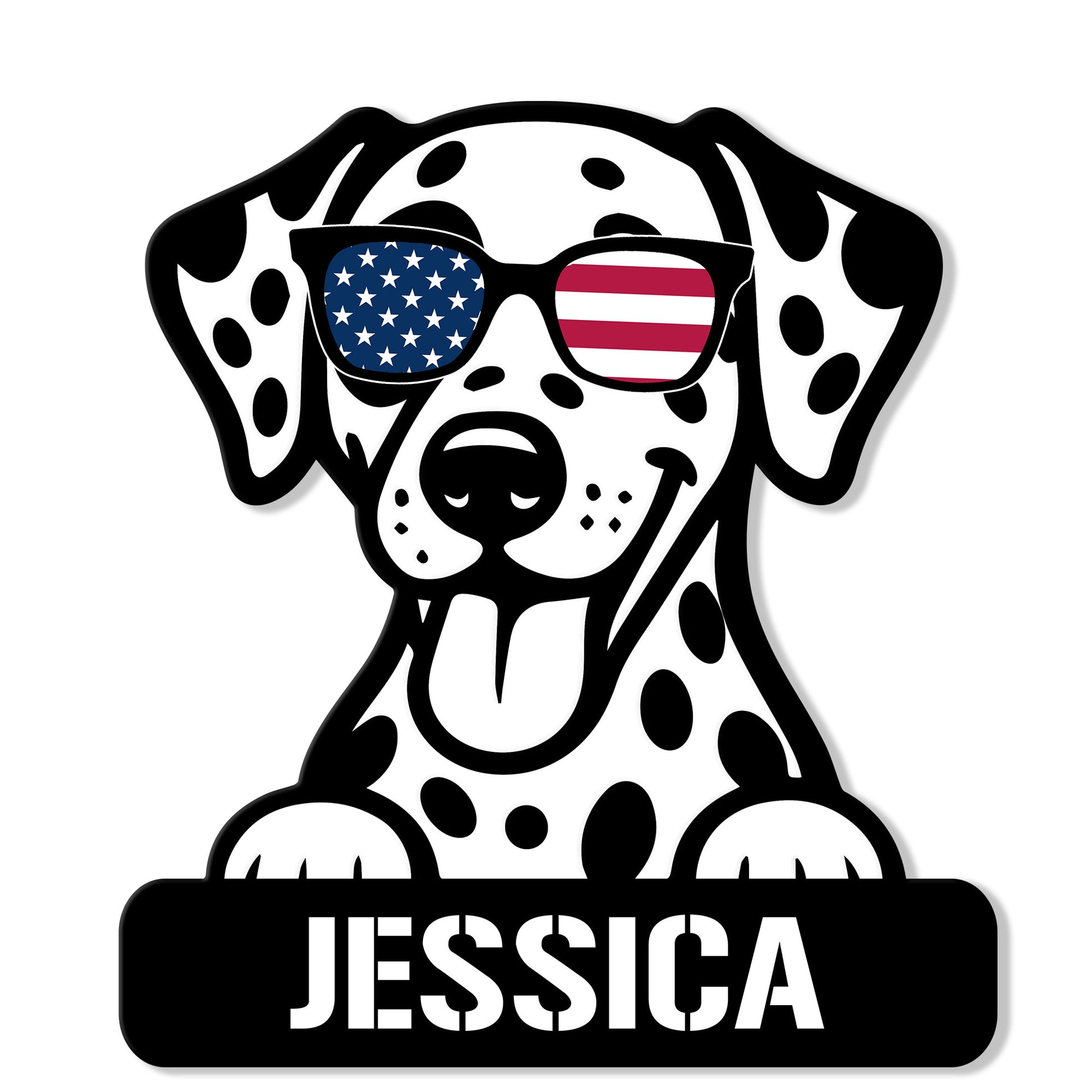 Custom Dalmatian metal sign featuring a spotted dog wearing patriotic sunglasses