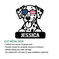 Dalmatian metal sign product graphic showing the patriotic dog design and available sign features