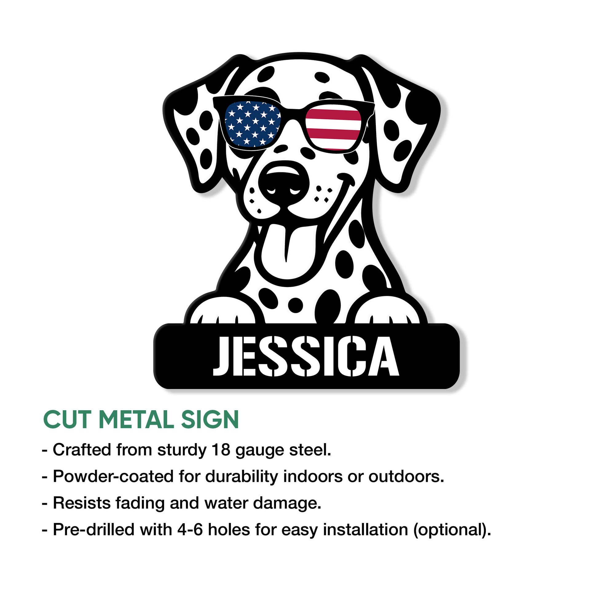 Dalmatian metal sign product graphic showing the patriotic dog design and available sign features
