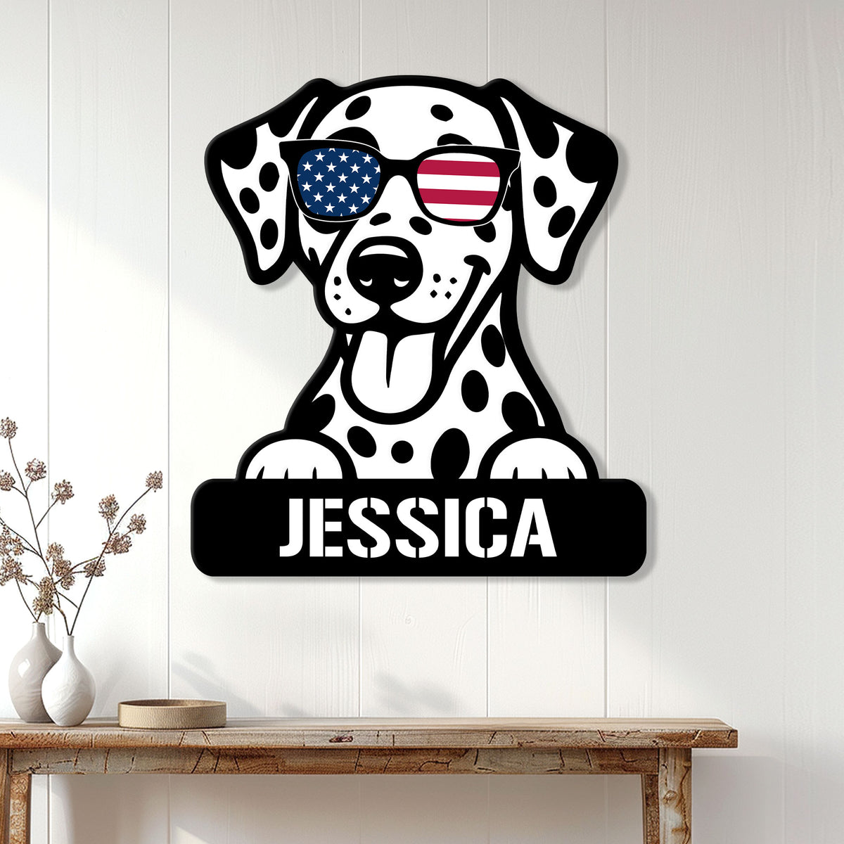 Patriotic Dalmatian metal sign displayed as wall decor above a console table