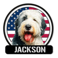 Custom Old English Sheepdog metal sign with a cheerful portrait over an American flag background