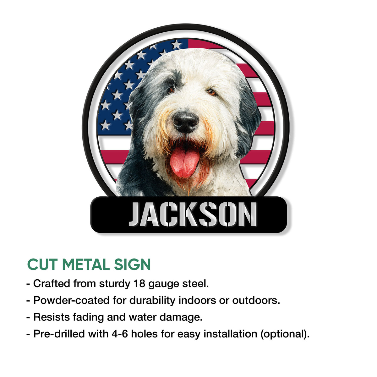 Old English Sheepdog metal sign product infographic showing the patriotic portrait design