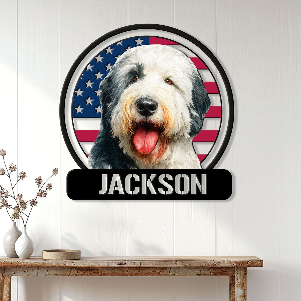 Old English Sheepdog wall sign displayed on a bright paneled entryway wall