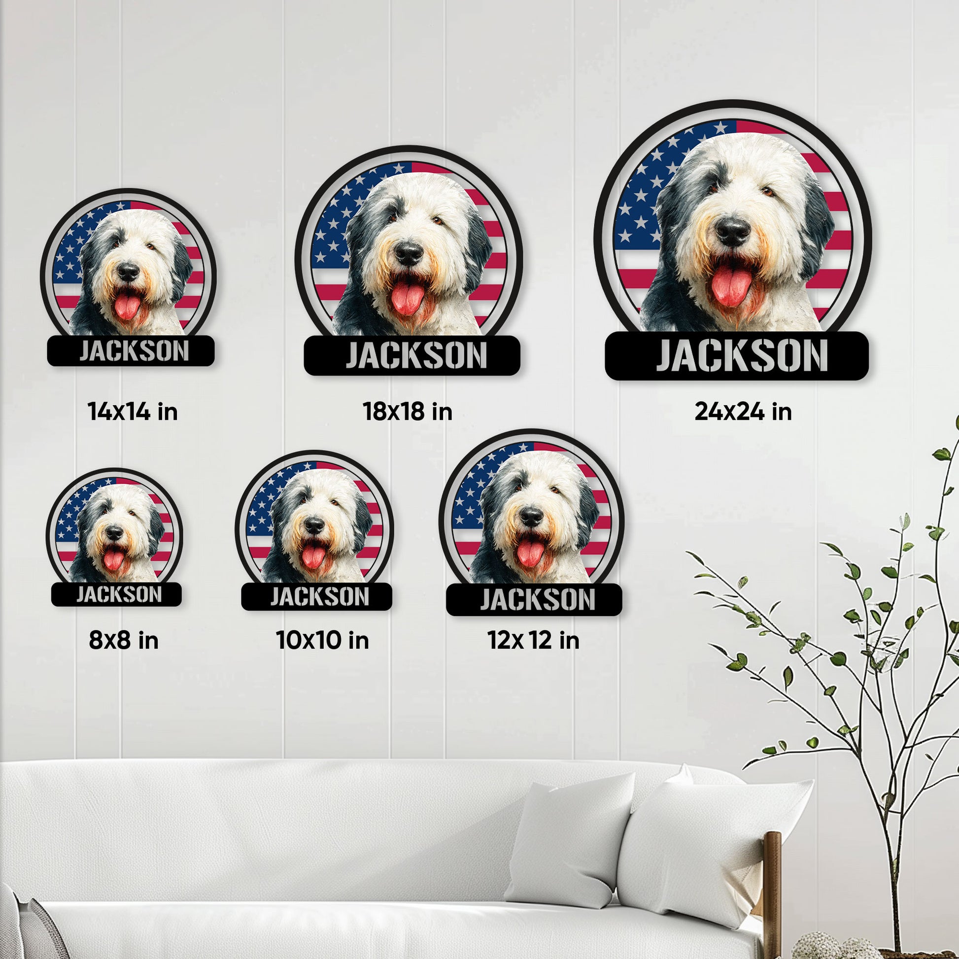 Old English Sheepdog metal sign size guide showing multiple square size options
