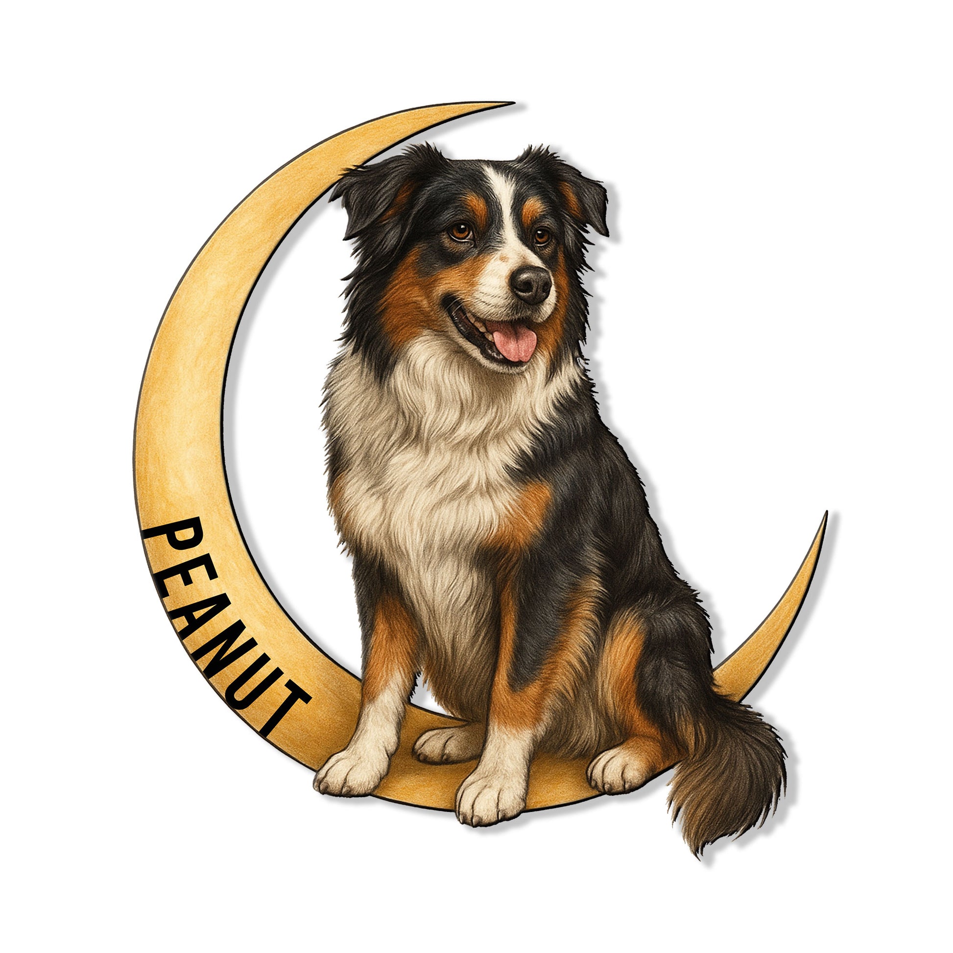 Custom Australian Shepherd metal sign featuring a seated tri-color dog inside a golden crescent design
