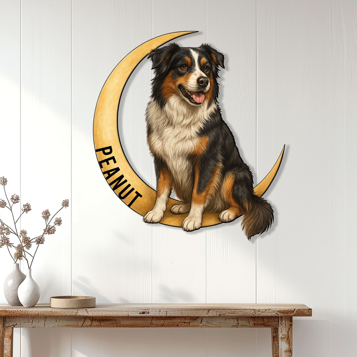 Australian Shepherd wall sign displayed on a light wood-paneled wall above a console table