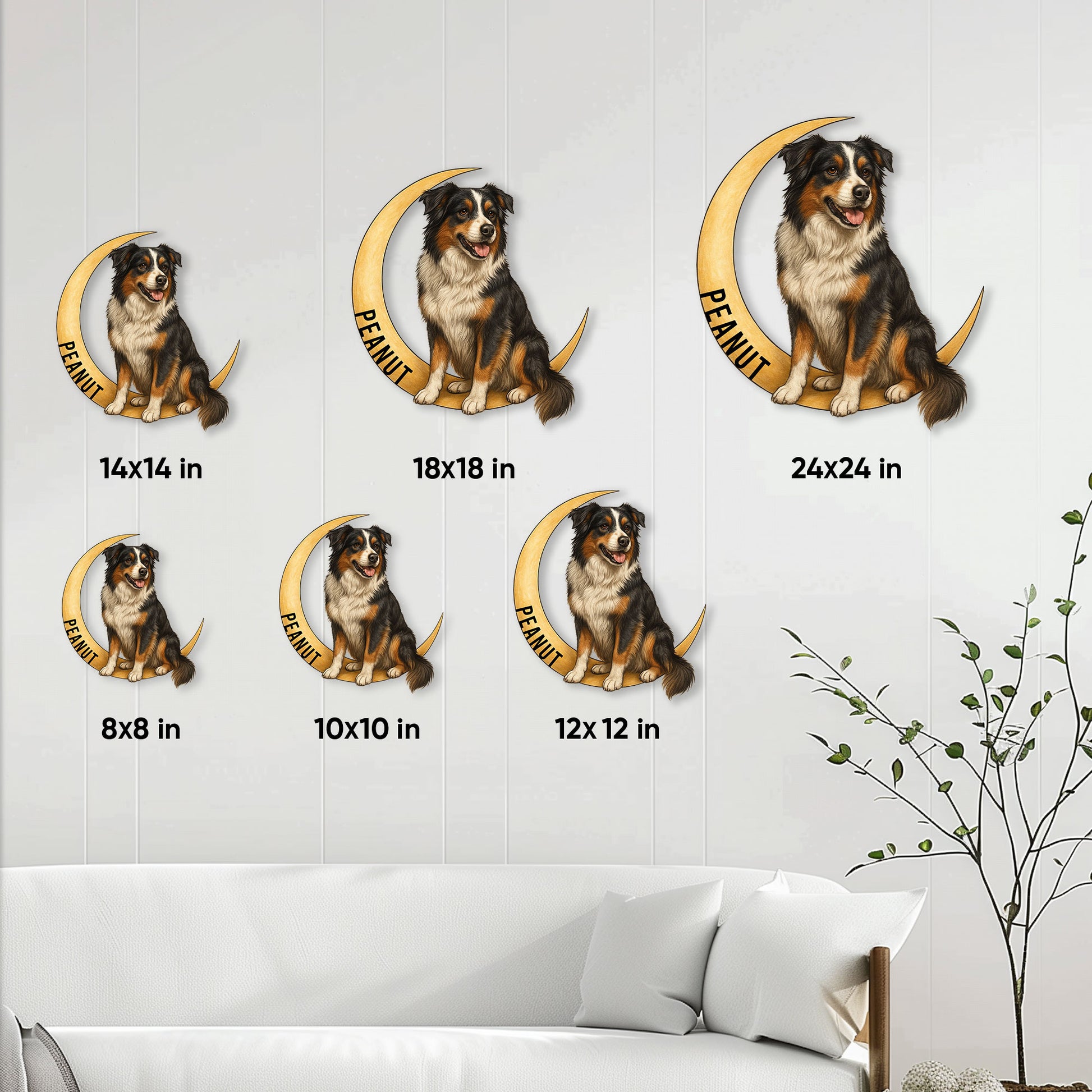 Australian Shepherd metal sign size guide showing six available square sizes in a living room setting