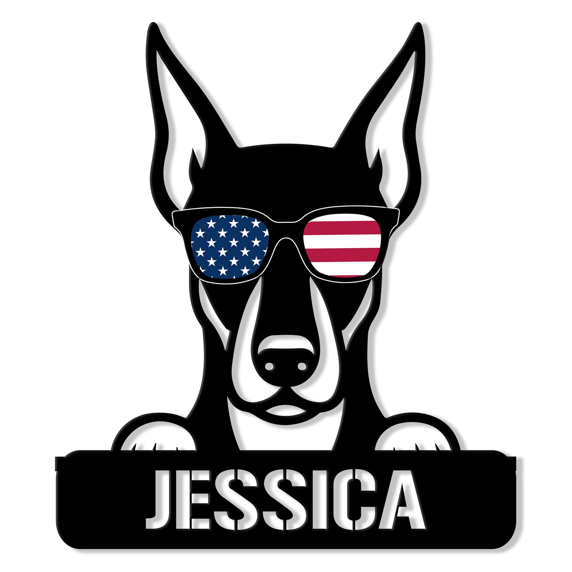 Doberman metal sign featuring a bold black-and-white dog portrait wearing American flag sunglasses
