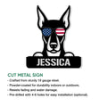 Doberman metal sign product infographic showing the patriotic dog design and available sign features