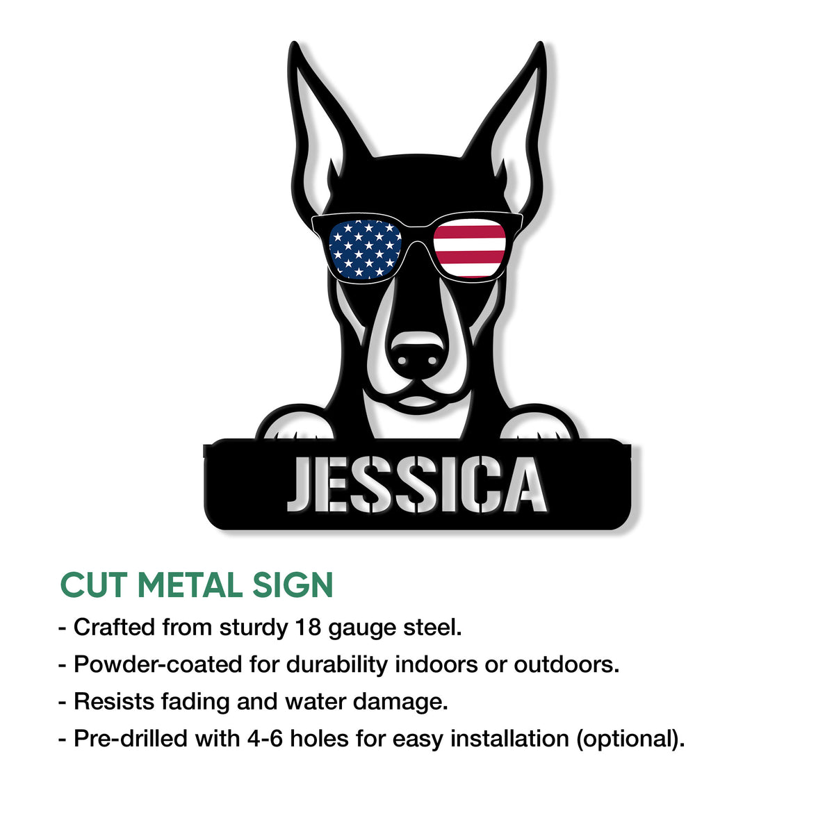 Doberman metal sign product infographic showing the patriotic dog design and available sign features