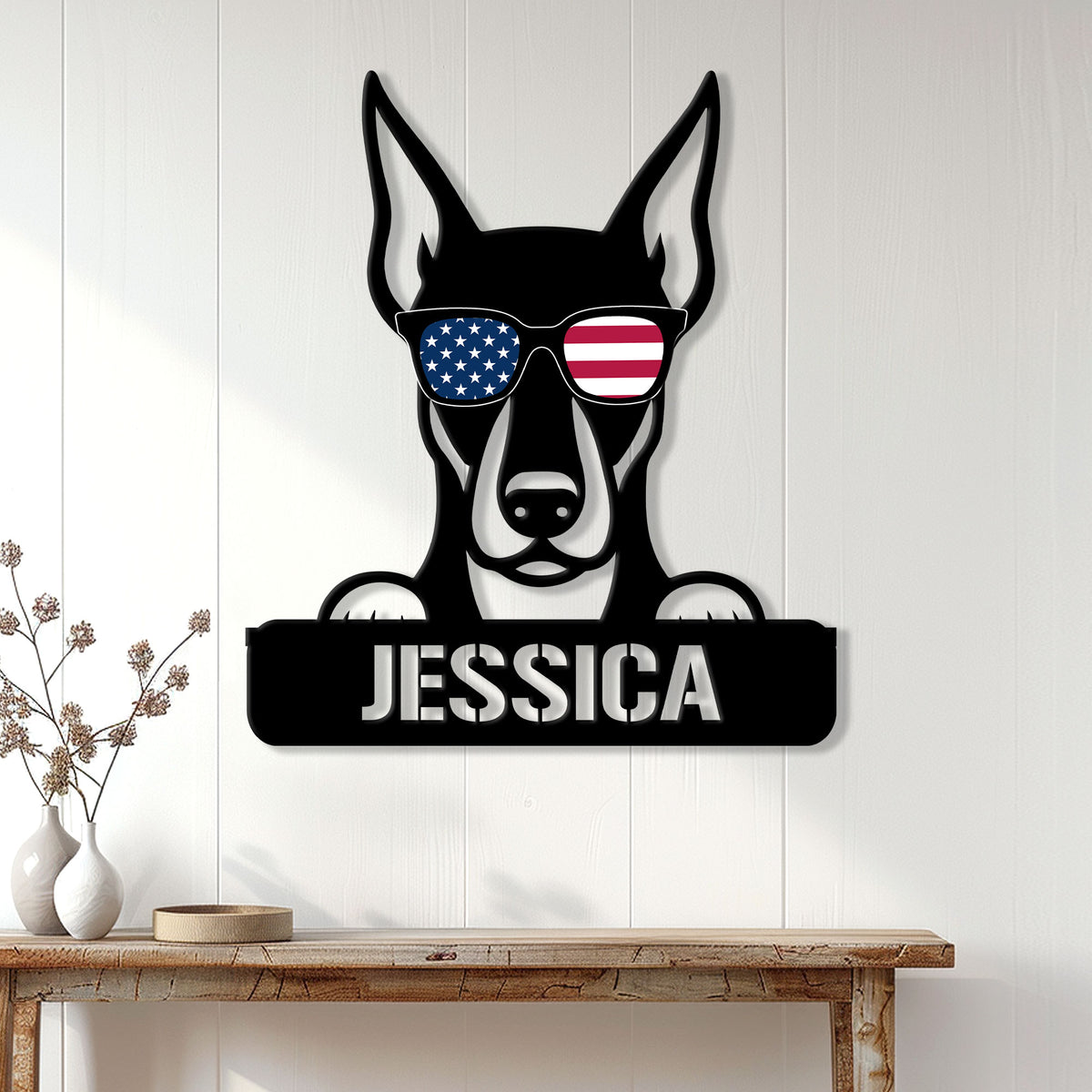 Patriotic Doberman metal sign displayed as wall decor in a bright home entryway