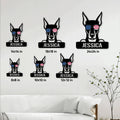 Doberman wall sign size guide showing six available square size options in a home setting