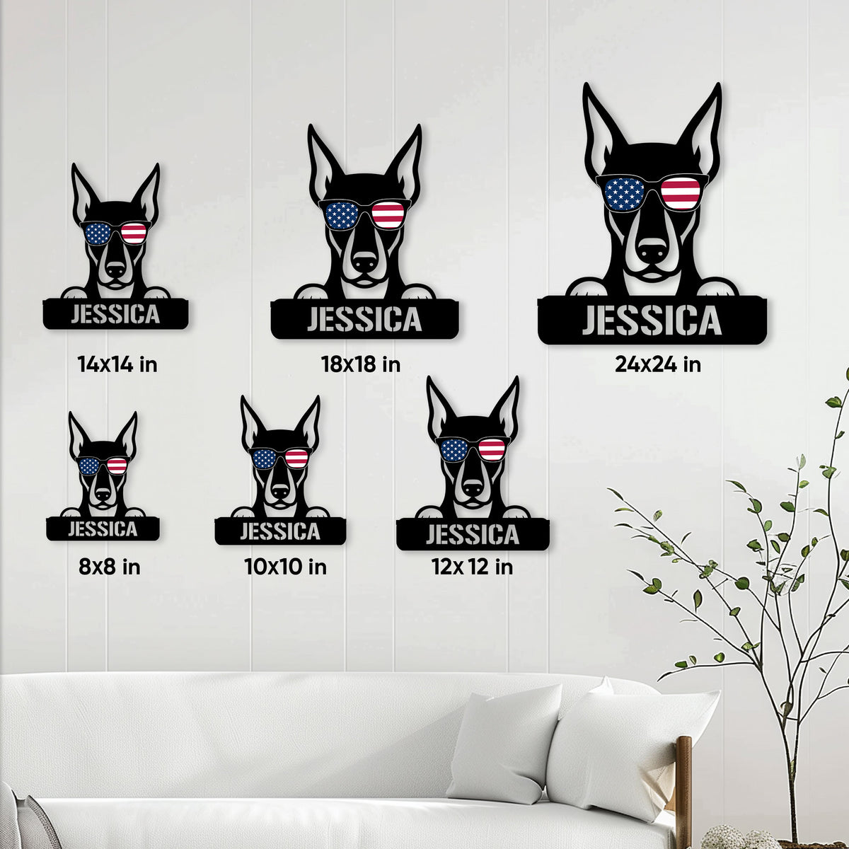 Doberman wall sign size guide showing six available square size options in a home setting