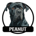 Cane Corso metal sign featuring a detailed dark mastiff portrait inside a bold circular frame