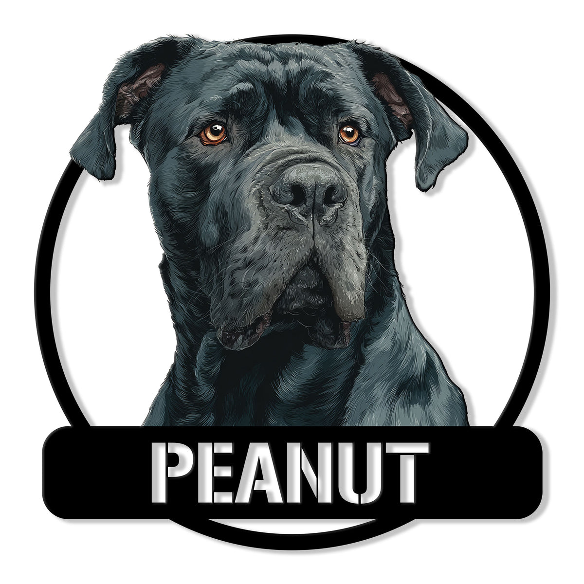 Cane Corso metal sign featuring a detailed dark mastiff portrait inside a bold circular frame