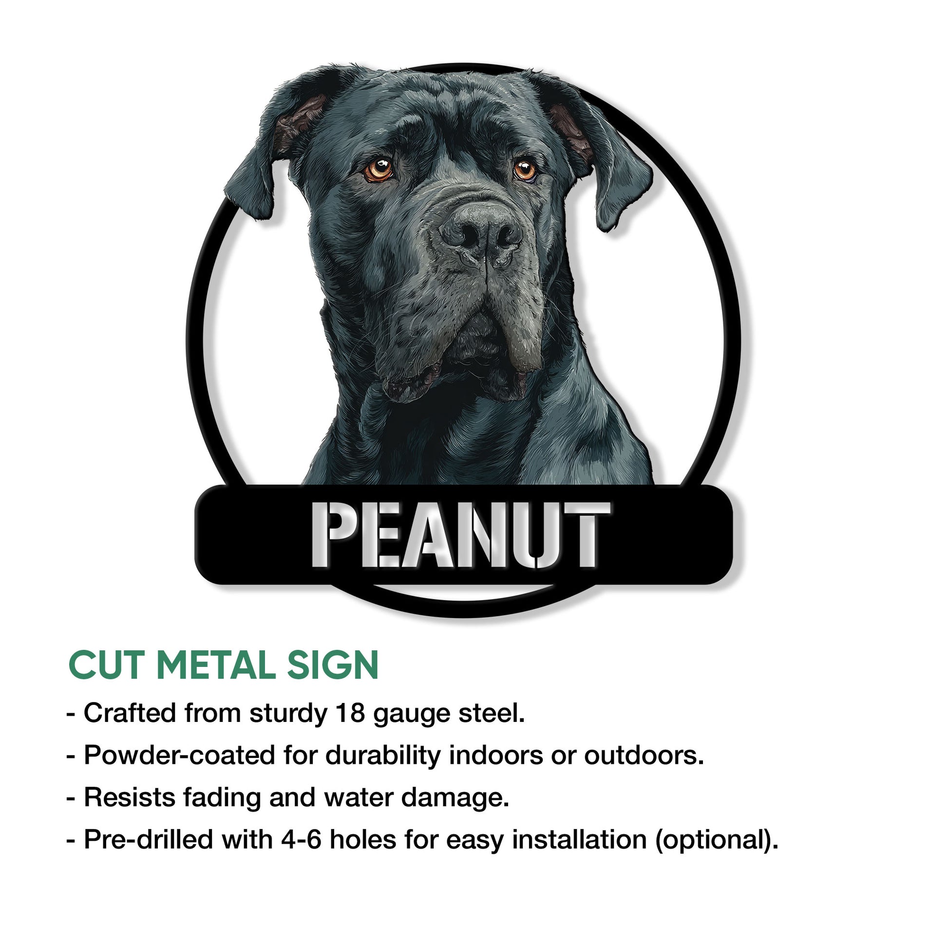 Cane Corso metal sign feature graphic highlighting cut-steel construction and indoor or outdoor display