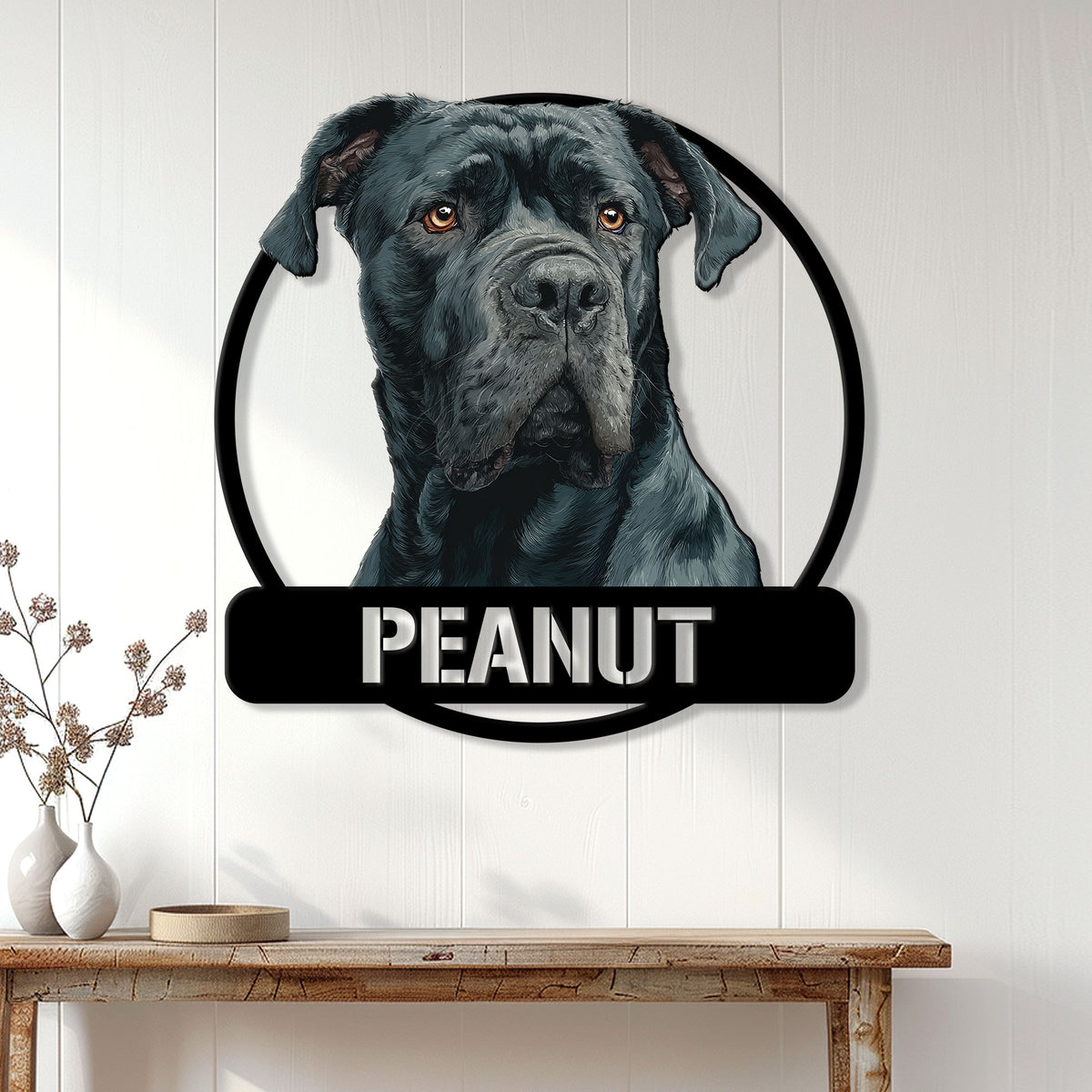 Cane Corso wall sign displayed above a rustic console table in a bright home entryway