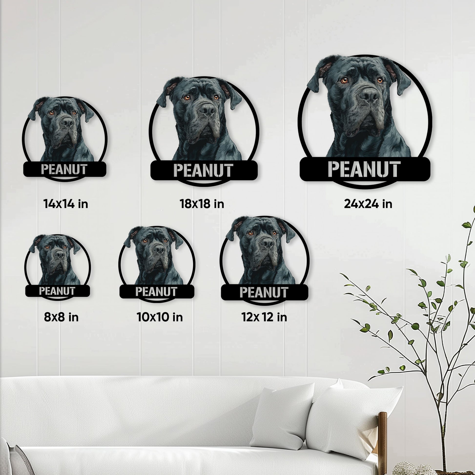 Cane Corso metal sign size guide showing available square sizes from 8 by 8 to 24 by 24 inches