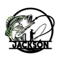 Bass fishing metal sign featuring a leaping fish, angler silhouette, fishing line, and bold circular design