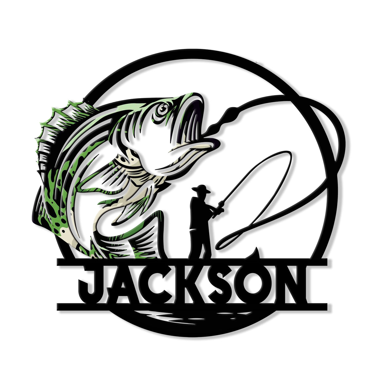 Bass fishing metal sign featuring a leaping fish, angler silhouette, fishing line, and bold circular design