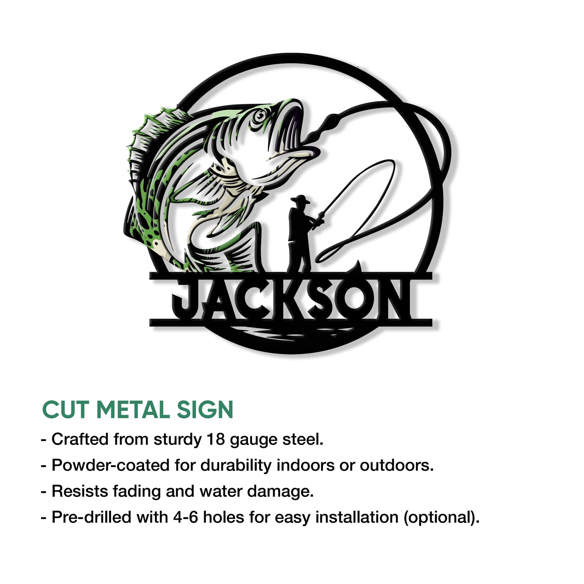 Bass fishing cut-metal sign with an angler silhouette, fish artwork, and product feature information