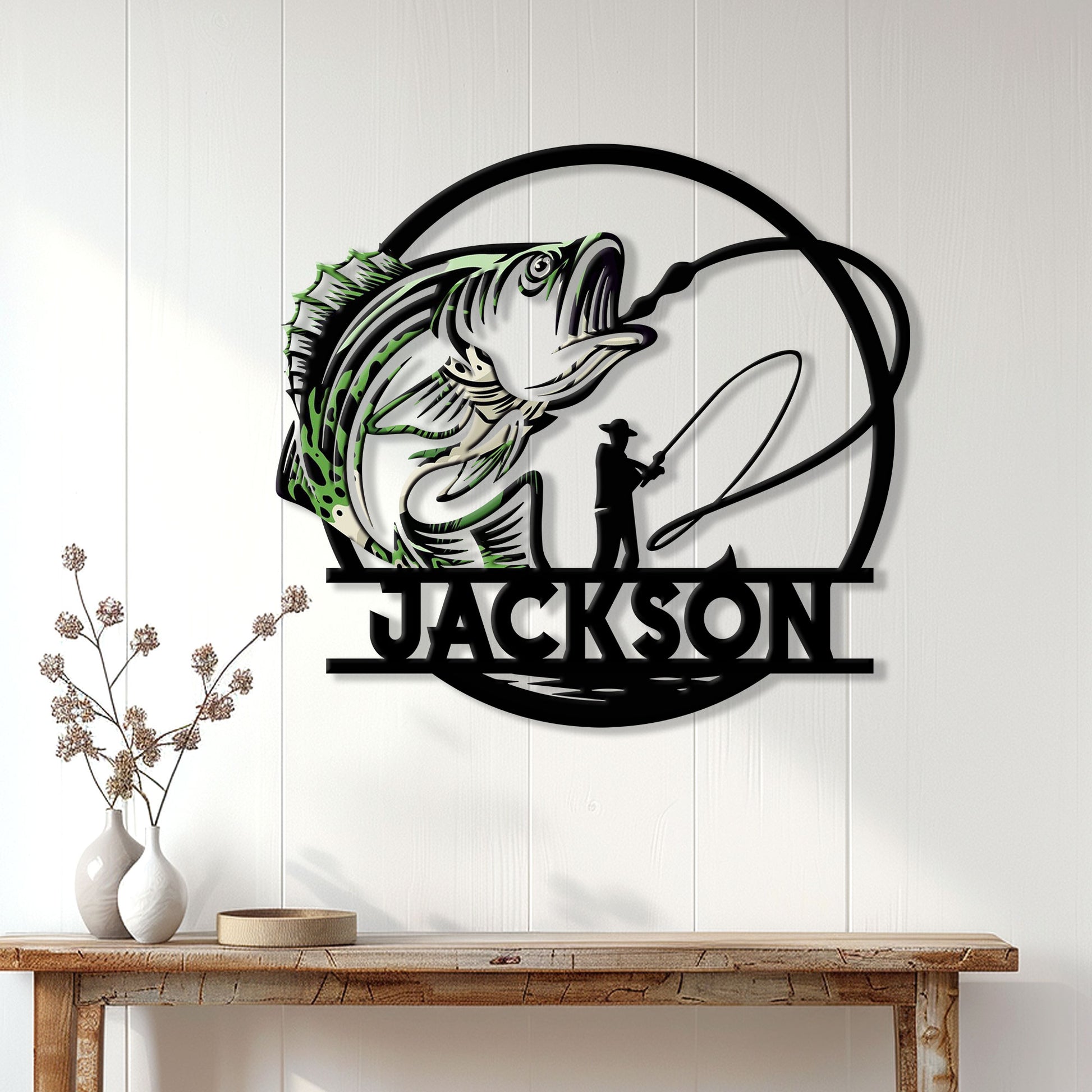Bass fishing metal wall sign displayed above a console table in a bright home interior