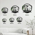 Bass fishing metal sign size guide showing six available square dimensions in a living room setting