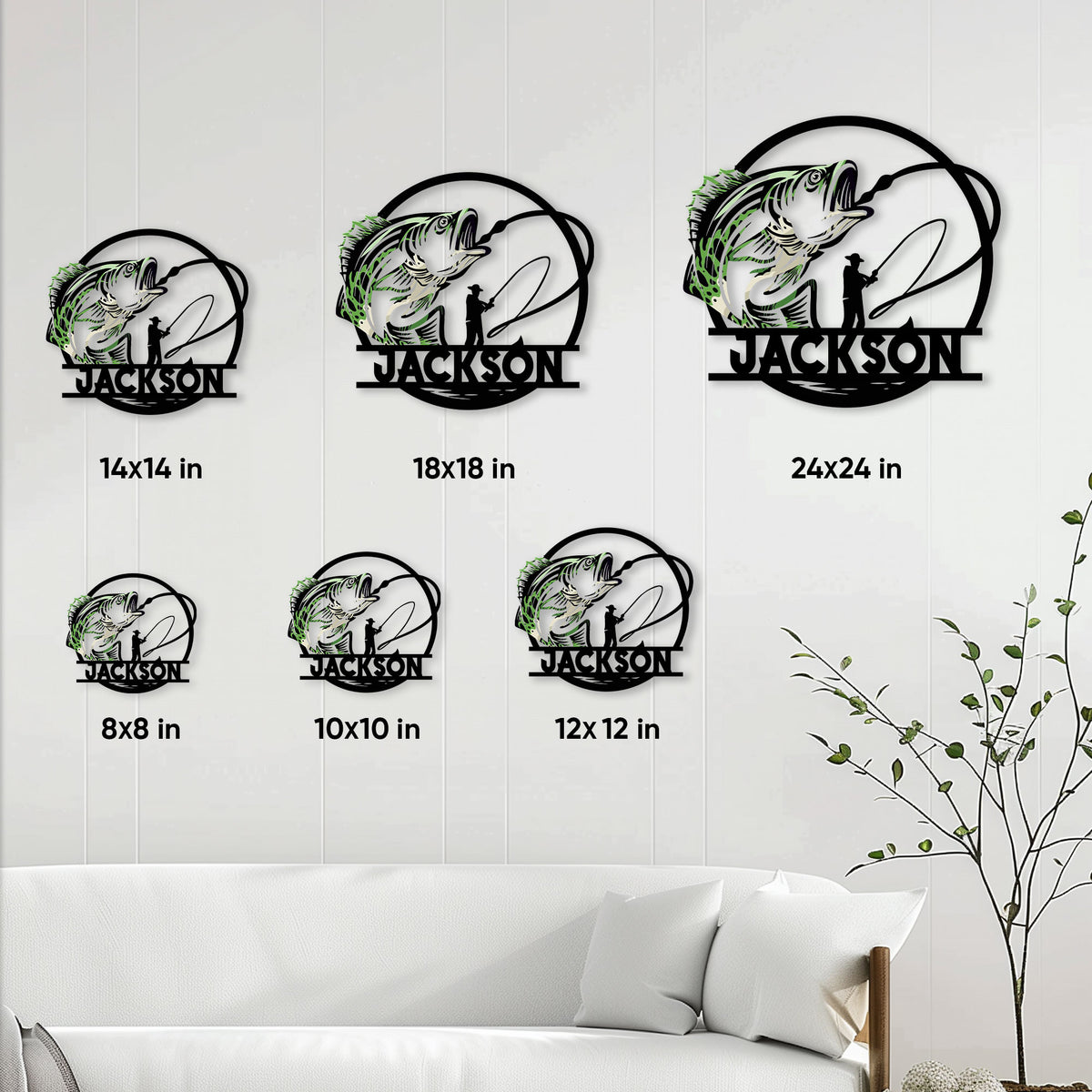 Bass fishing metal sign size guide showing six available square dimensions in a living room setting
