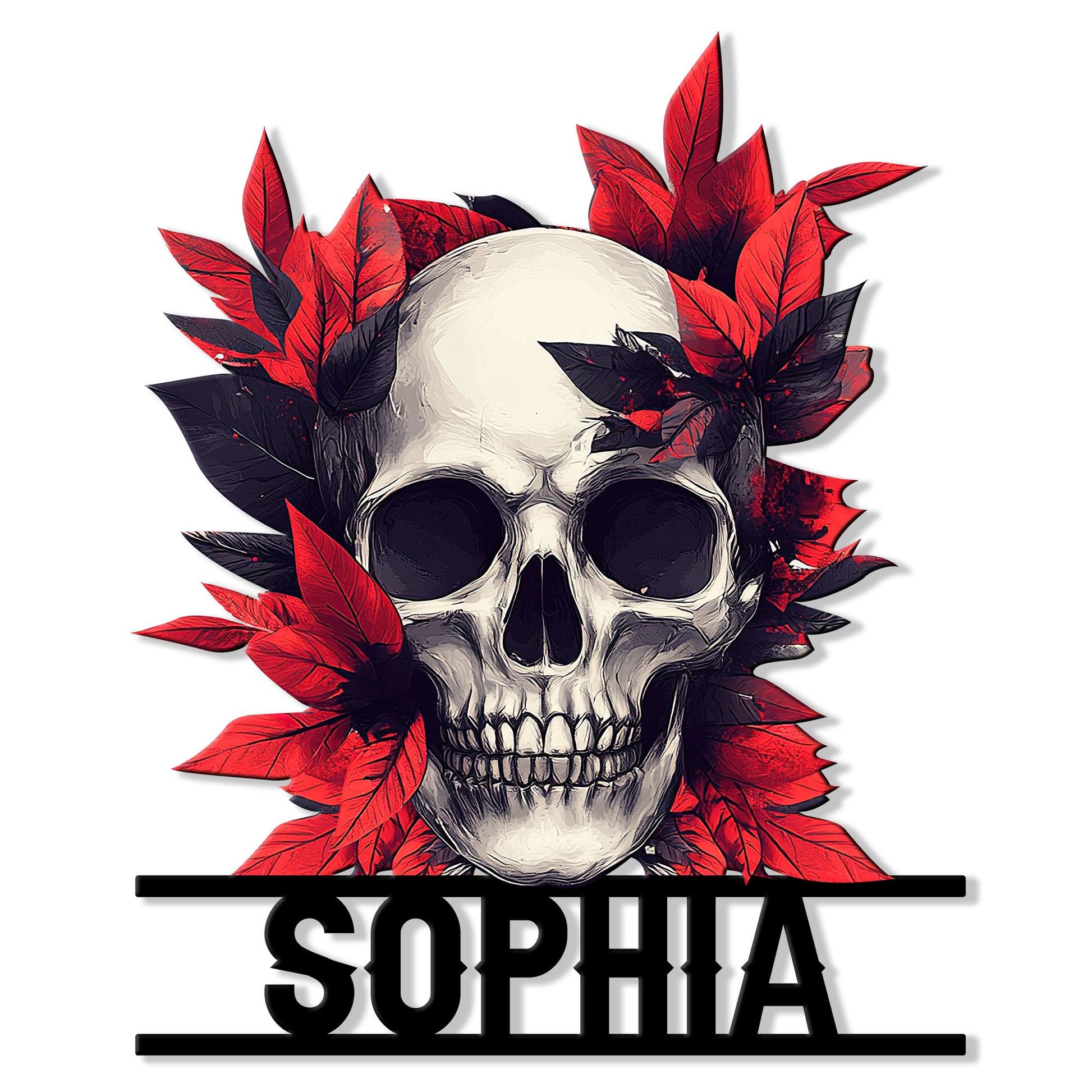 Skull metal sign featuring a detailed white skull surrounded by bold red and black leaves