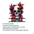 Skull metal sign product graphic showing the red and black floral skull design with cut metal sign details