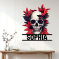 Gothic skull metal wall sign displayed above a console table in a bright modern room