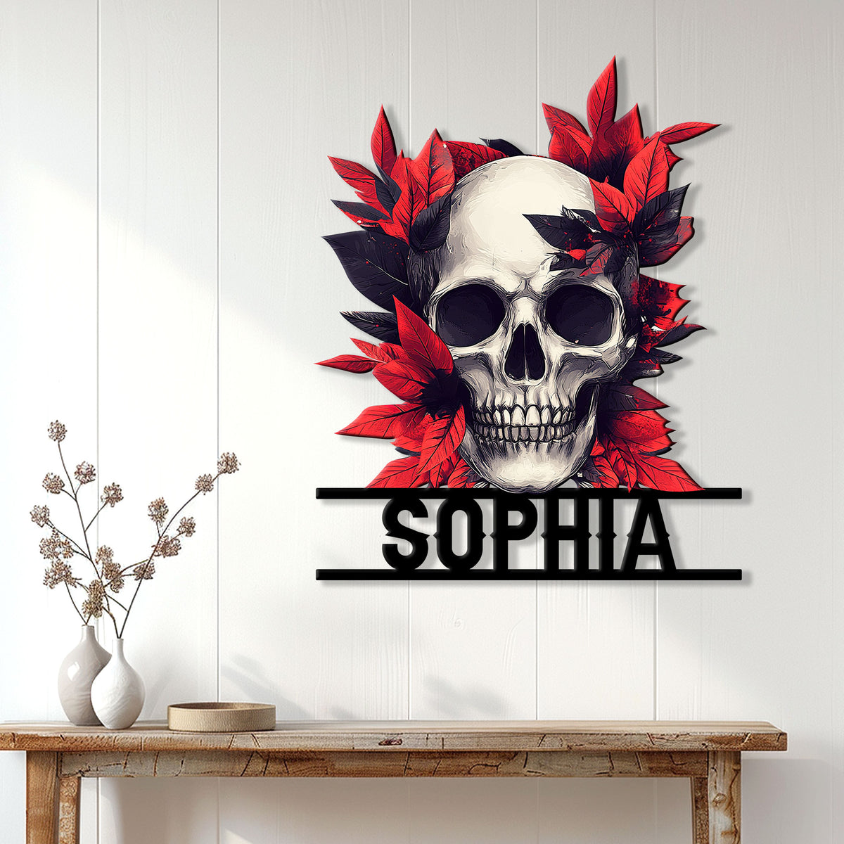 Gothic skull metal wall sign displayed above a console table in a bright modern room