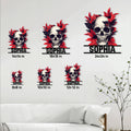 Skull metal sign size guide showing available square sizes from 8 by 8 to 24 by 24 inches