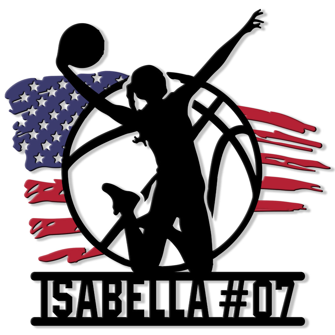 Custom volleyball metal sign featuring a female player silhouette, ball, and patriotic flag-inspired backdrop