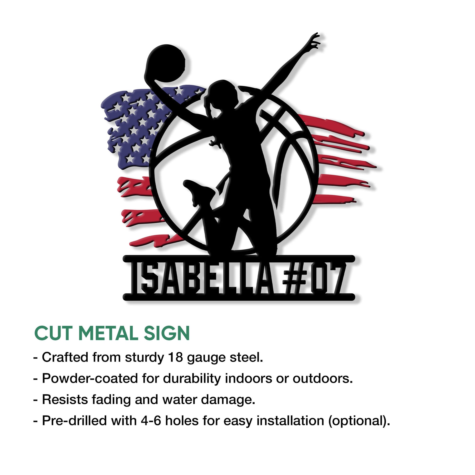 Volleyball player silhouette metal sign shown with cut metal sign features and patriotic artwork